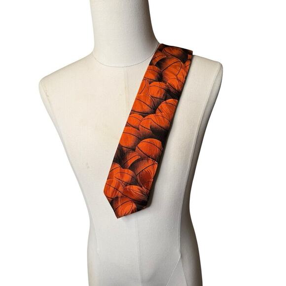 RALPH MARLIN Basketball Print Tie "Just Balls" Vintage 1995 US Orange Black - Picture 1 of 5